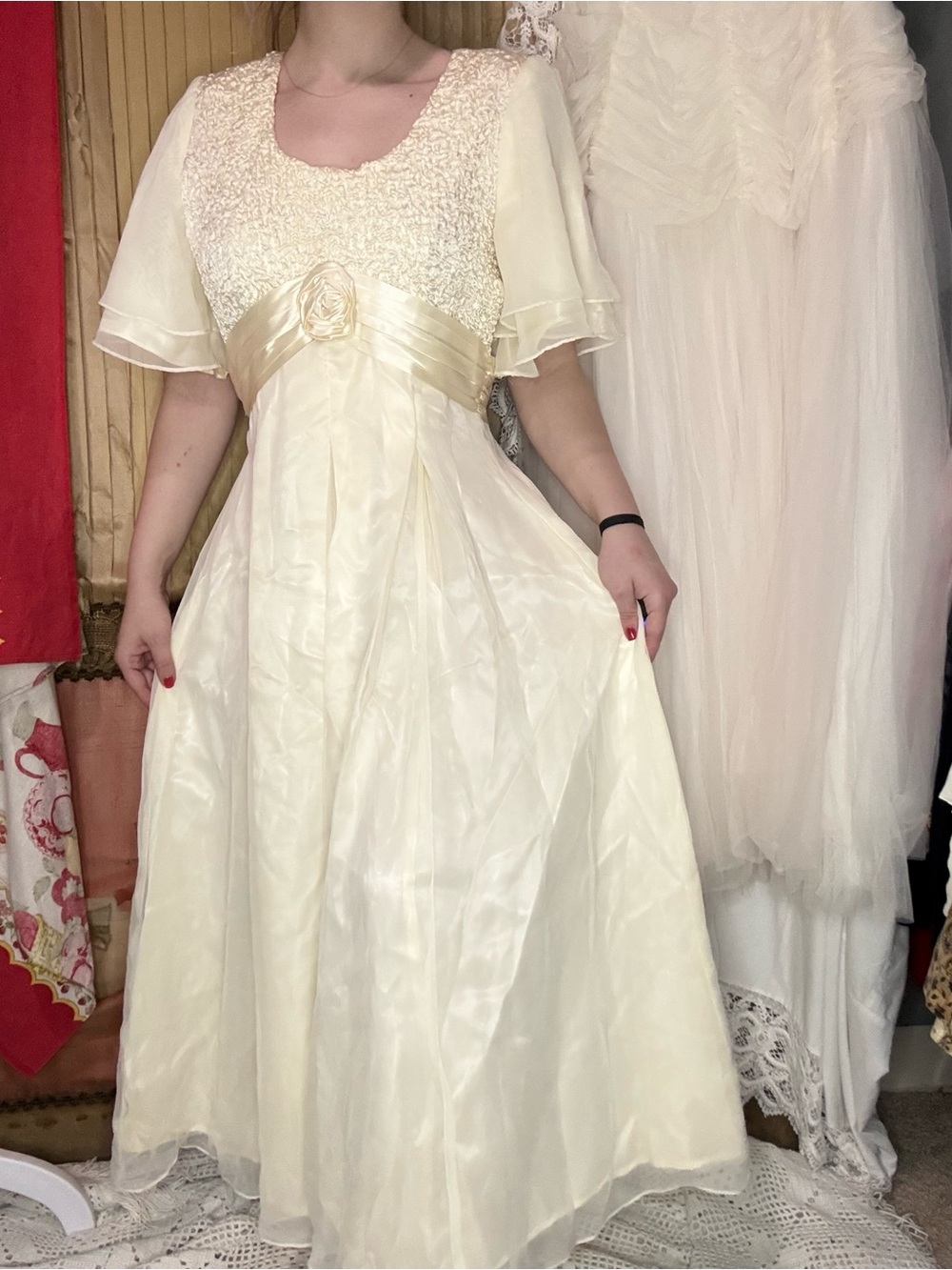 Vintage 80’s Ivory Maxi Dress with Rosette Empire Waist